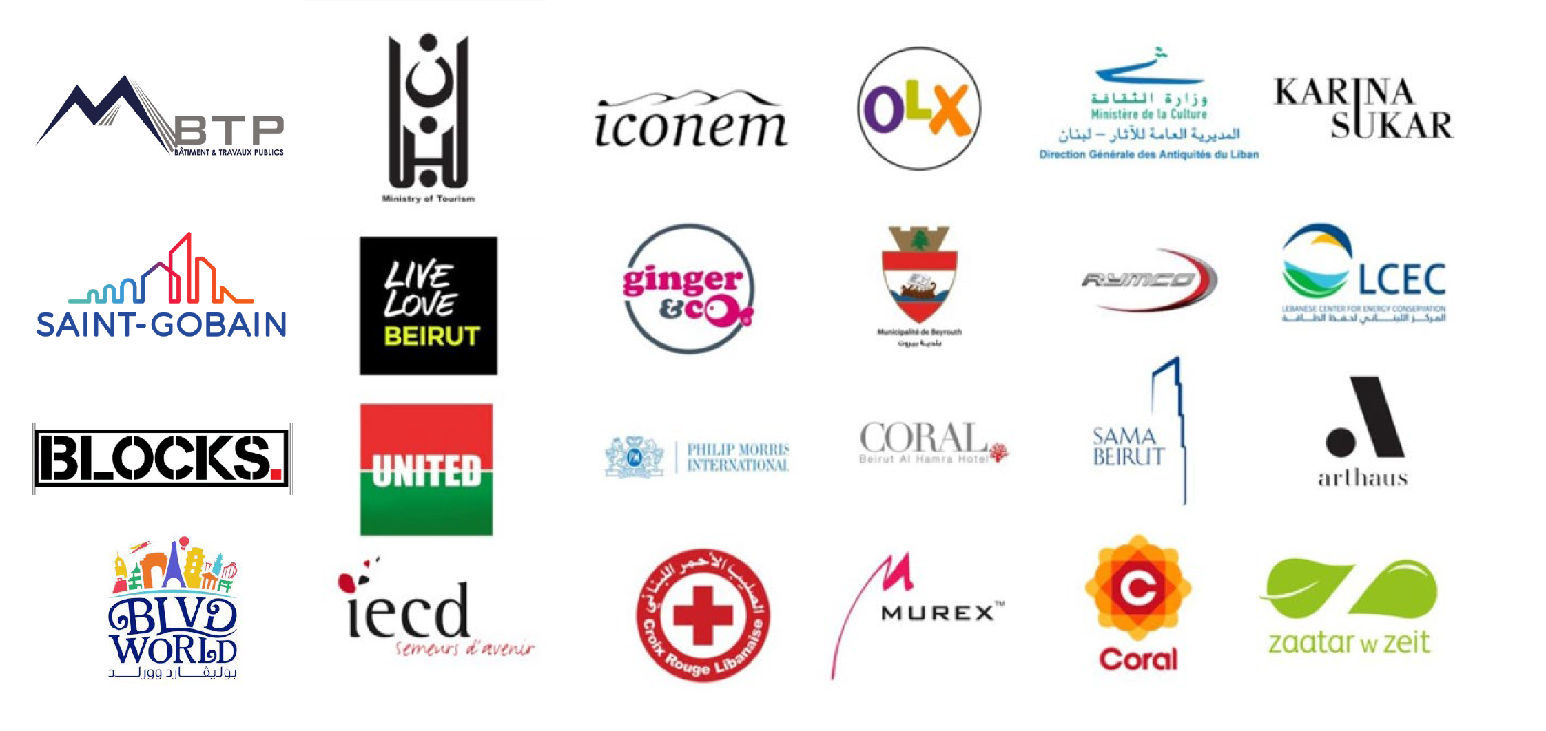 Client logos including MBTP, Lebanon's Ministry of Tourism, ICONEM, OLX, the Directorate General of Antiquities, Saint-Gobain, Live Love Beirut, Philip Morris International, Lebanese Red Cross, Murex, and other organisations