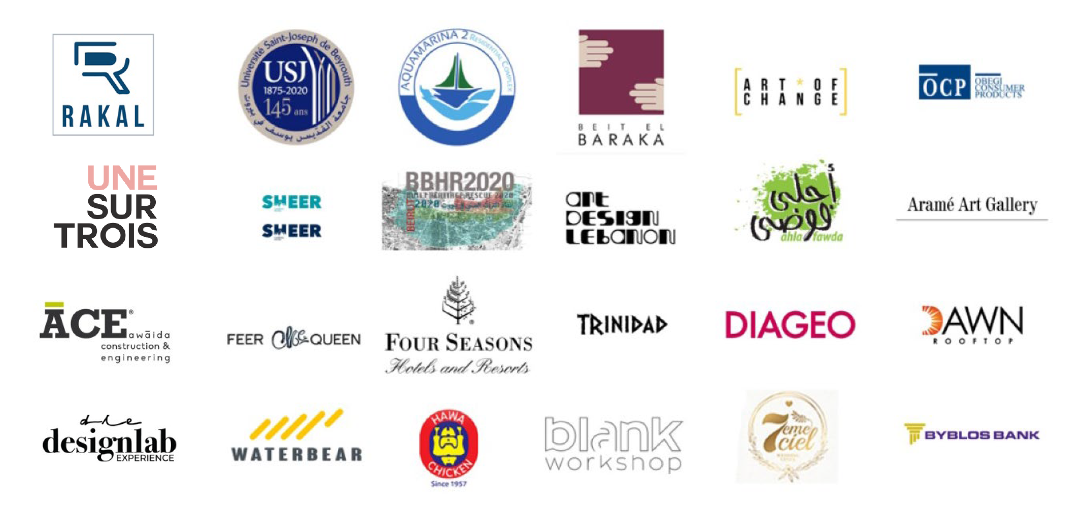 Client logos including Rakal, Université Saint-Joseph de Beyrouth, Beit el Baraka, Art of Change, OCP, ACE, Four Seasons, Diageo, Waterbear, Byblos Bank, and other organisations